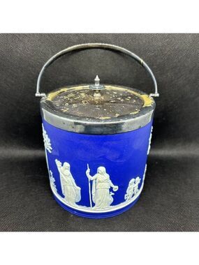 Antique dark blue Jasper bas relief Wedgwood biscuit barrel c. Late 1800-1900s